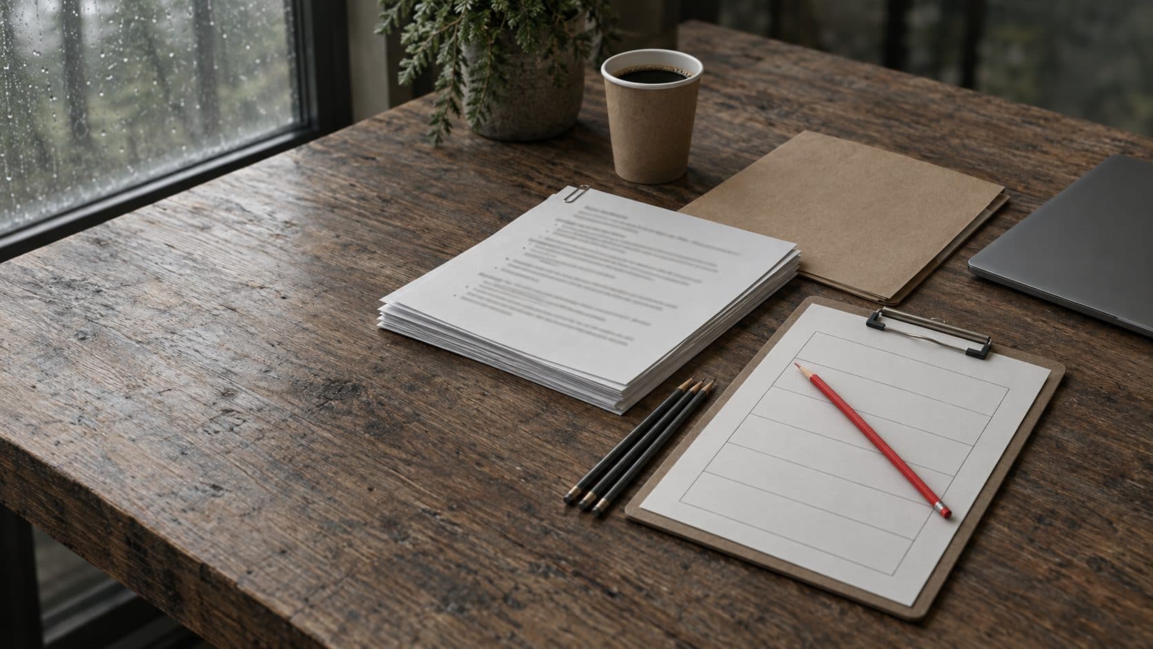 An assessment in progress on a wooden desk: stacks of interview notes, a folder, and a blank scoring grid on a clipboard with a red pencil, beside a rainy window.