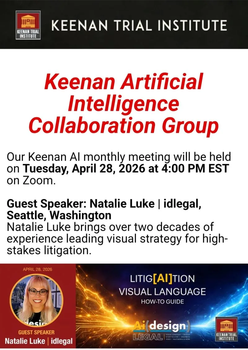 Promotional graphic for Natalie Luke’s presentation to the Keenan Trial Institute Artificial Intelligence Collaboration Group.