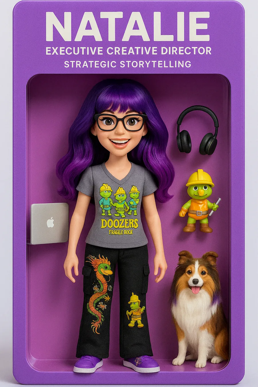 Natalie Luke’s first AI-generated “doll” image, styled as an executive creative director action figure.