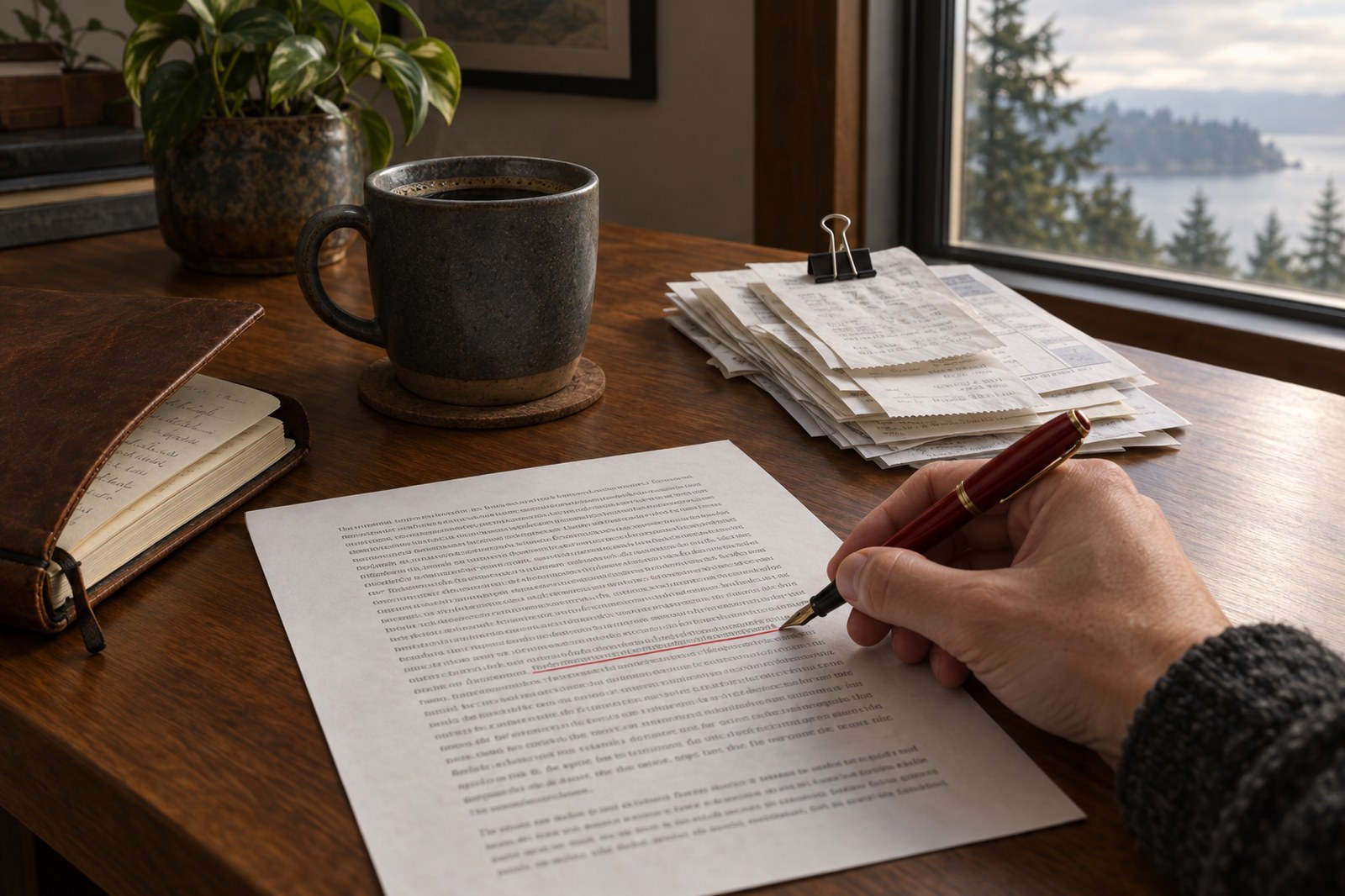 A hand holding a red fountain pen underlining a line on a printed research page, next to a stoneware coffee mug, a leather notebook and a clipped stack of source documents, with a Pacific Northwest window view behind.