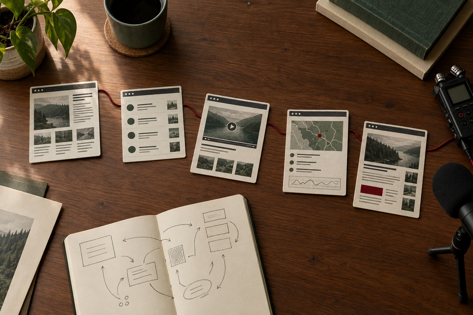 Five paper website prototypes connected by a red cord across a walnut desk, leading to a field recorder and podcast microphone.