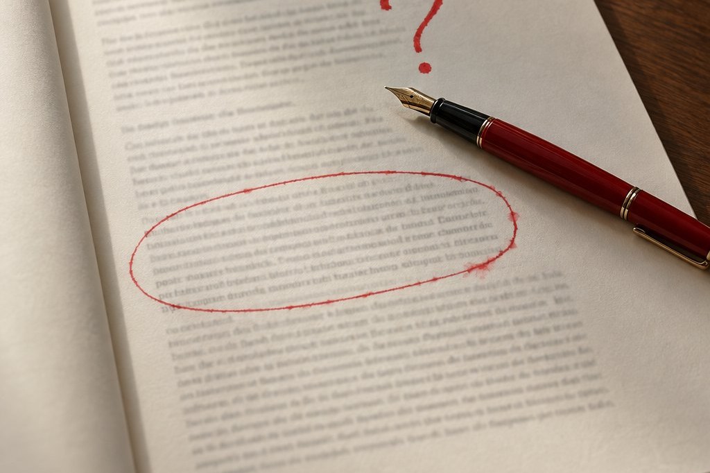 A printed research page with one paragraph circled in red ink and a large red question mark drawn beside another paragraph, with a red-lacquered fountain pen resting on the page.