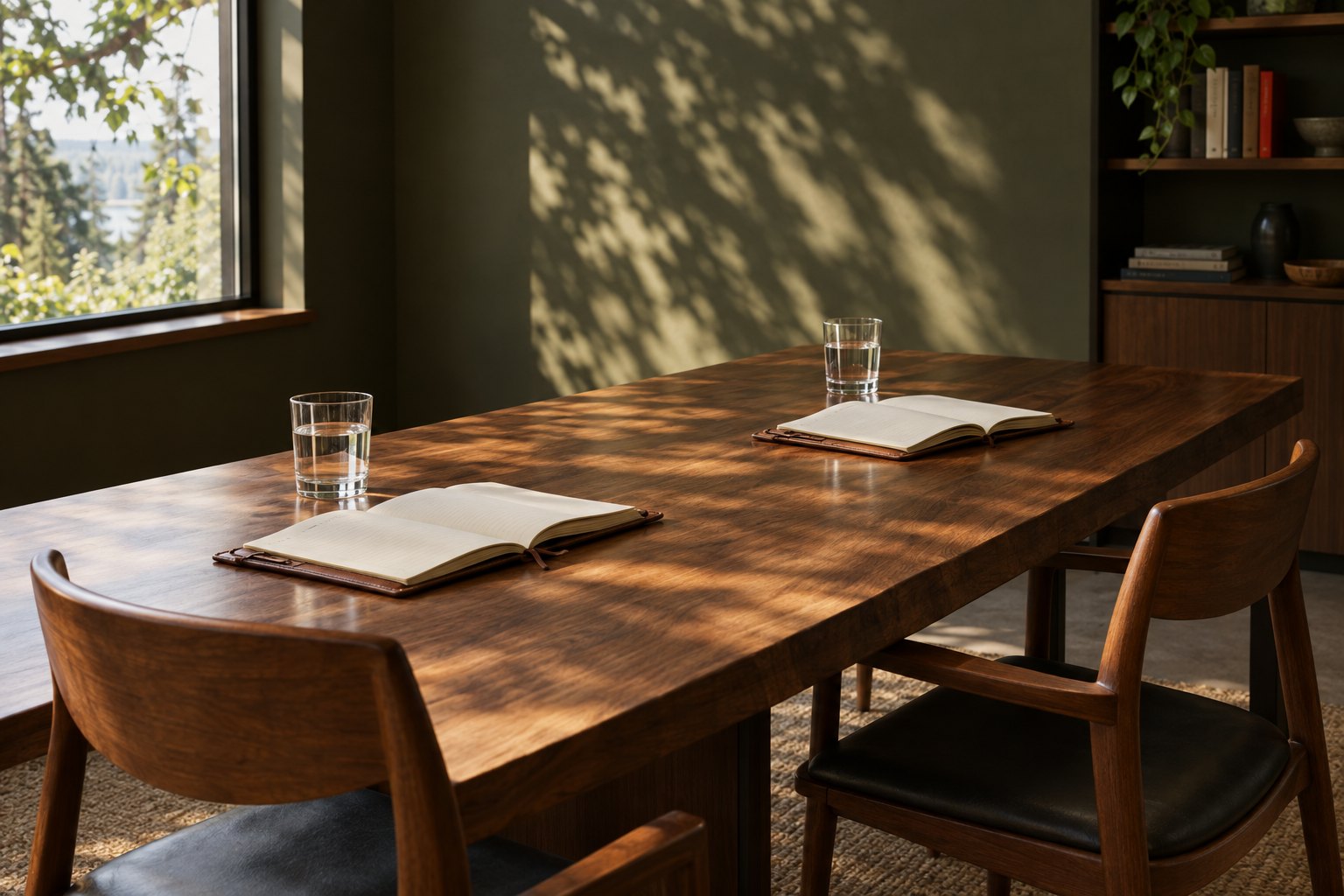 A quiet Pacific Northwest conference room in early morning. A long walnut table set for two with open leather notebooks and two water glasses, dappled window light on the far wall.