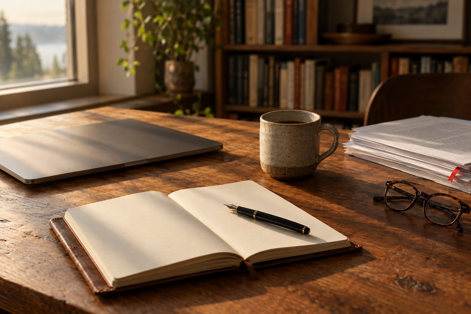 A warm morning study scene with a laptop, an open leather notebook, a fountain pen, a stoneware coffee cup and a stack of research papers with a red bookmark, sitting on a walnut desk in front of a window looking out onto Pacific Northwest evergreens.
