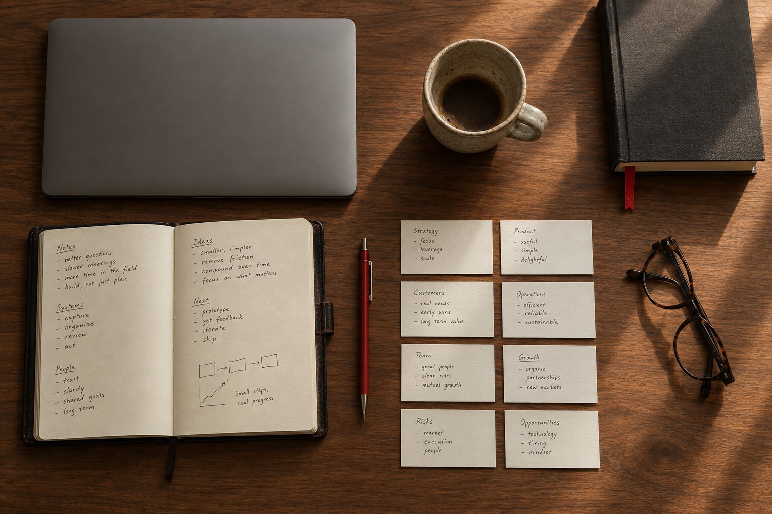 Overhead flat-lay of a working desk: a closed laptop, an open leather notebook with handwritten notes, a stack of index cards laid out in a loose grid, a red-lacquered pencil, a stoneware coffee cup and a pair of glasses.